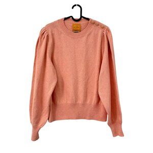 Le Lion Salmon Pink Rhinestone Floral Button Shoulder Puff Sleeve Sweater Large